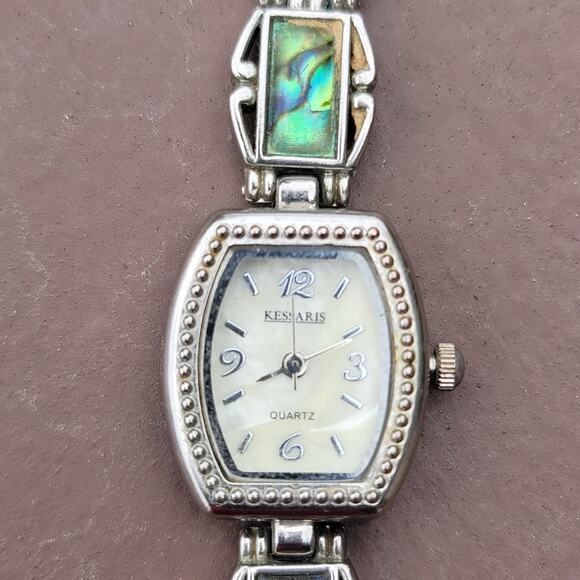 Vtg Silver Tone Kessaris Abalone Gemstone Band Watch